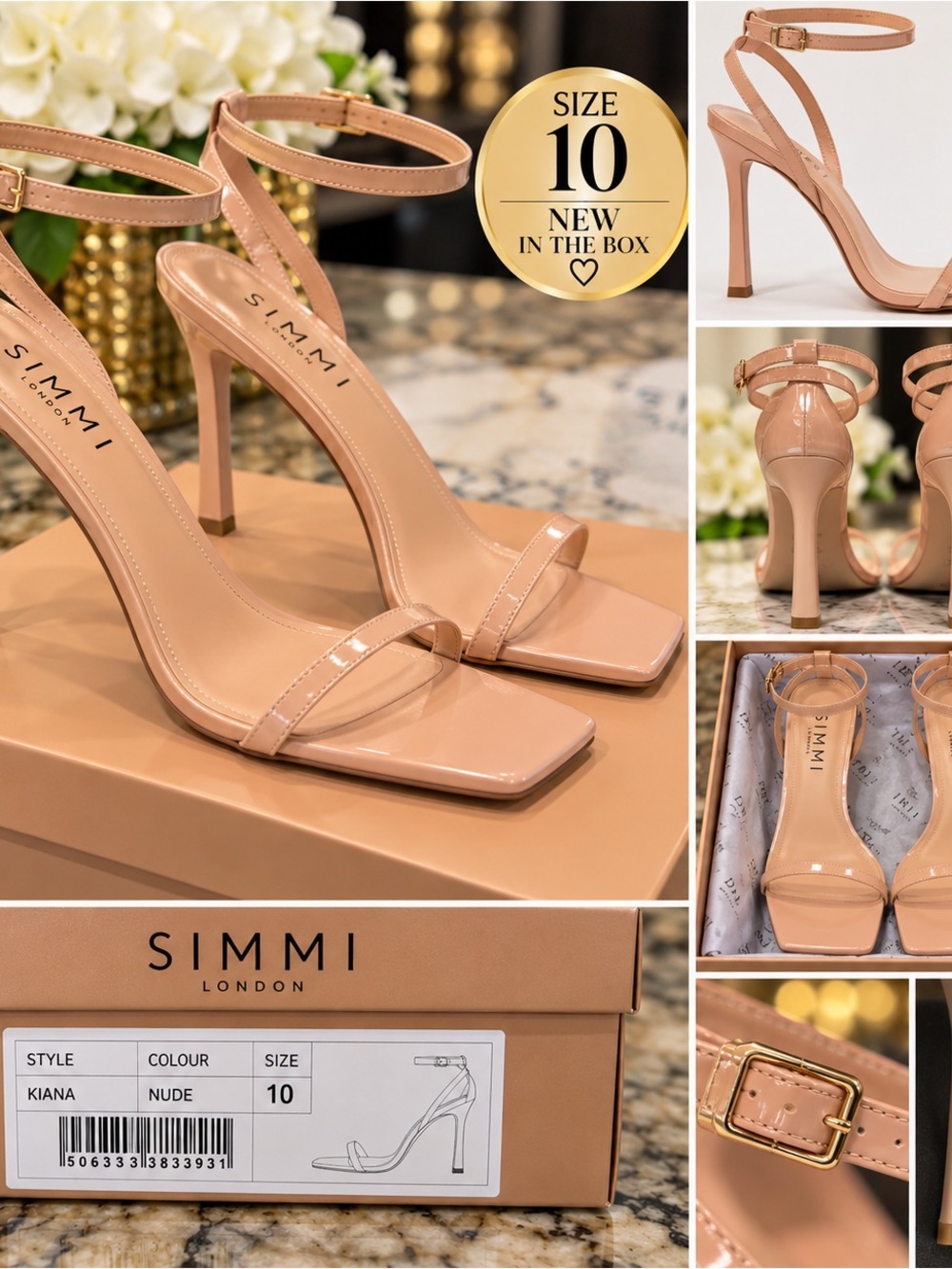 SIMMI London nude Patent Strappy Heels Size 10 NIB